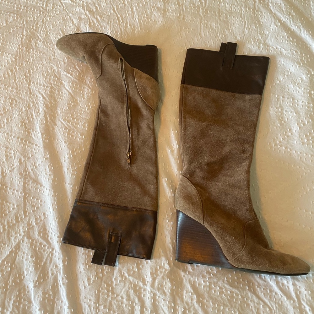 J Vincent leather suede wooden heel wedge knee high boots